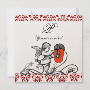INVITACIÓN ÁNGEL PINTANDO UN MONOGRAMA DE DAMASCO DE FLOR ROJ