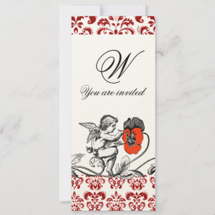 INVITACIÓN ÁNGEL PINTANDO UN MONOGRAMA DE DAMASCO DE FLOR ROJ
