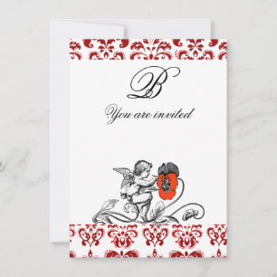 INVITACIÓN ÁNGEL PINTANDO UN MONOGRAMA DE DAMASCO DE FLOR ROJ