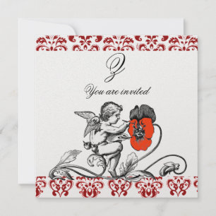 INVITACIÓN ÁNGEL PINTANDO UN MONOGRAMA DE DAMASCO DE FLOR ROJ