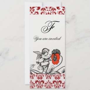INVITACIÓN ÁNGEL PINTANDO UN MONOGRAMA DE DAMASCO DE FLOR ROJ