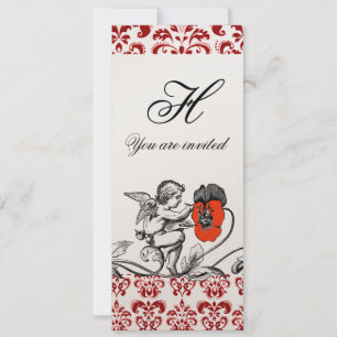INVITACIÓN ÁNGEL PINTANDO UN MONOGRAMA DE DAMASCO DE FLOR ROJ