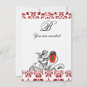 INVITACIÓN ÁNGEL PINTANDO UN MONOGRAMA DE DAMASCO DE FLOR ROJ