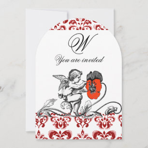 INVITACIÓN ÁNGEL PINTANDO UN MONOGRAMA DE DAMASCO DE FLOR ROJ