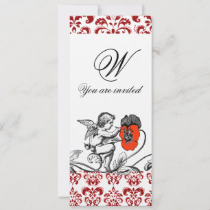 INVITACIÓN ÁNGEL PINTANDO UN MONOGRAMA DE DAMASCO DE FLOR ROJ