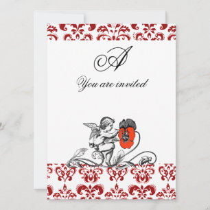 INVITACIÓN ÁNGEL PINTANDO UN MONOGRAMA DE DAMASCO DE FLOR ROJ