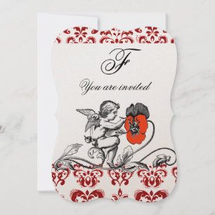 INVITACIÓN ÁNGEL PINTANDO UN MONOGRAMA DE DAMASCO DE FLOR ROJ