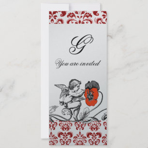 INVITACIÓN ÁNGEL PINTANDO UN MONOGRAMA DE DAMASCO DE FLOR ROJ