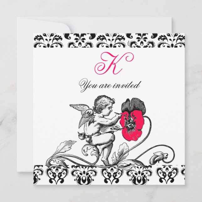 INVITACIÓN ANGEL PINTANDO UN MONOGRAMA DE DAMASK DE FLORES RO (Anverso)