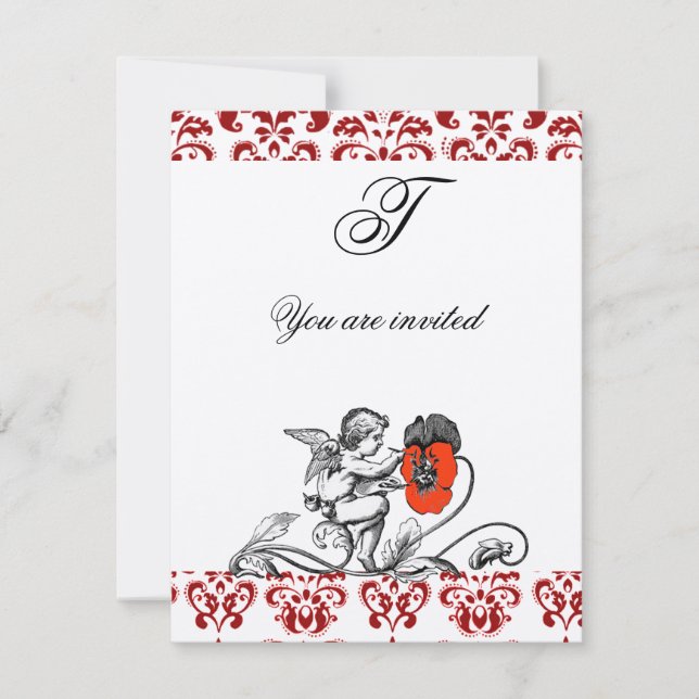 INVITACIÓN ANGEL PINTANDO UNA DAMASCA DE FLORES ROJOS MONOGRA (Anverso)