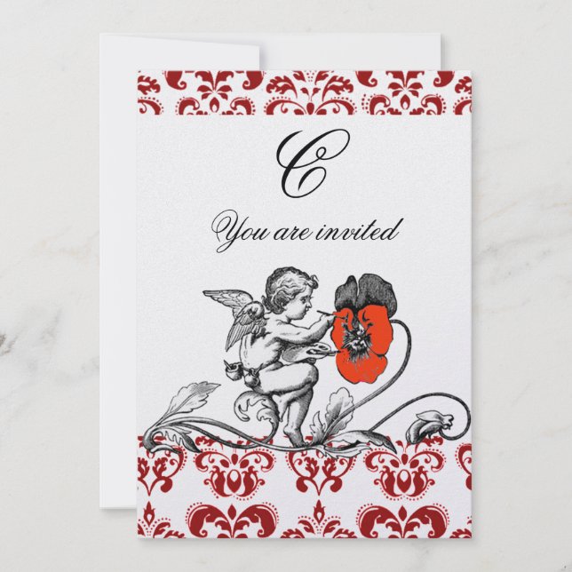 INVITACIÓN ANGEL PINTANDO UNA DAMASK DE FLORES ROJOS MONOGRAM (Anverso)