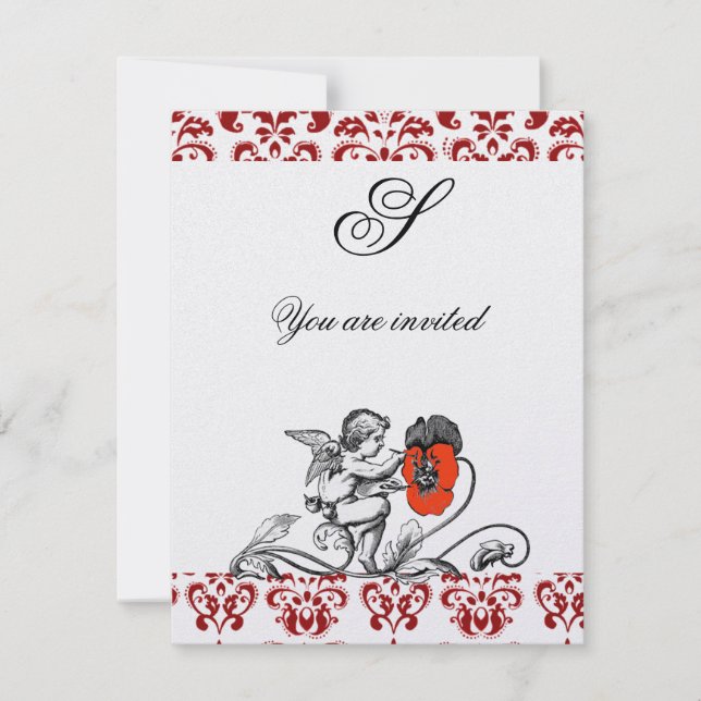 Invitación ÁNGEL PINTANDO UNA FLOR ROJA DAMASCO MONOGRAMA hie (Anverso)