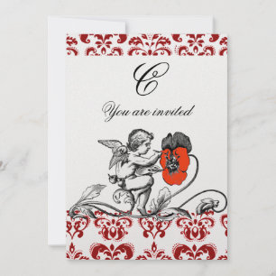 Invitación ÁNGEL PINTANDO UNA FLOR ROJA DAMASCO MONOGRAMA Per