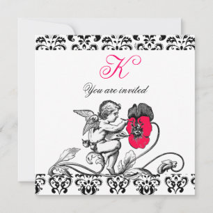 INVITACIÓN ÁNGEL PINTANDO UNA FLOR ROSA MONOGRAMA DAMASCO