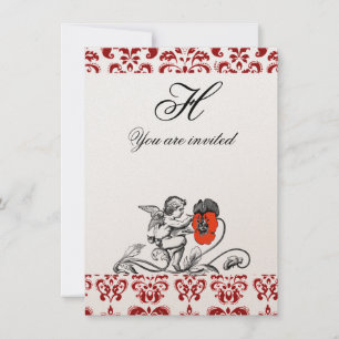 INVITACIÓN ANGEL PINTANDO UNA FLORES ROJAS DAMASK MONOGRAM