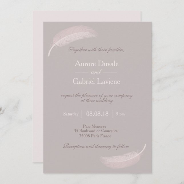 Invitación Ángel plumas taupe rosado elegante boda (Anverso / Reverso)