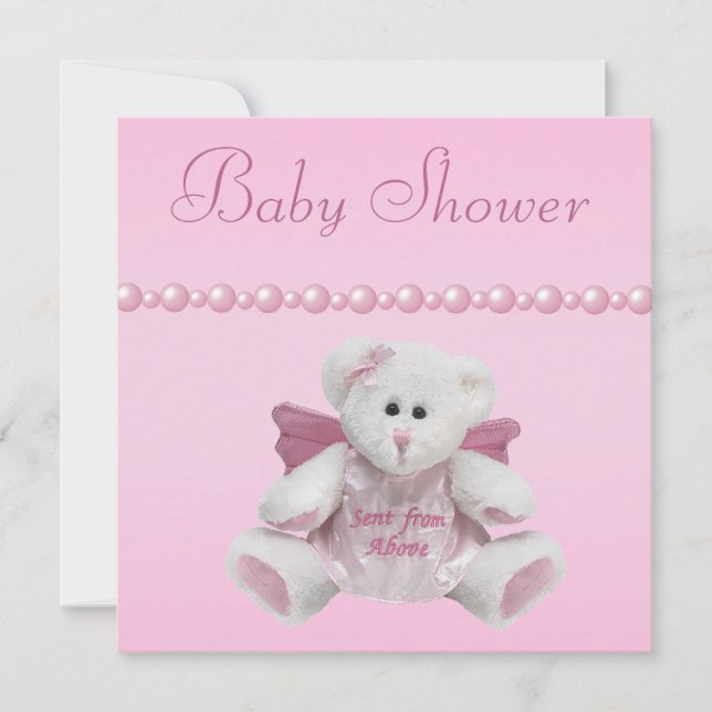 Invitación Angel Teddy, Baby Shoes & Pearls Baby Shower (Anverso)