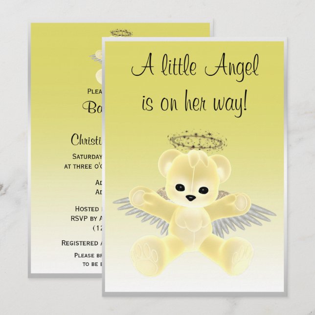 Invitación Angel Teddy Bear Baby Shower amarillo (Anverso / Reverso)