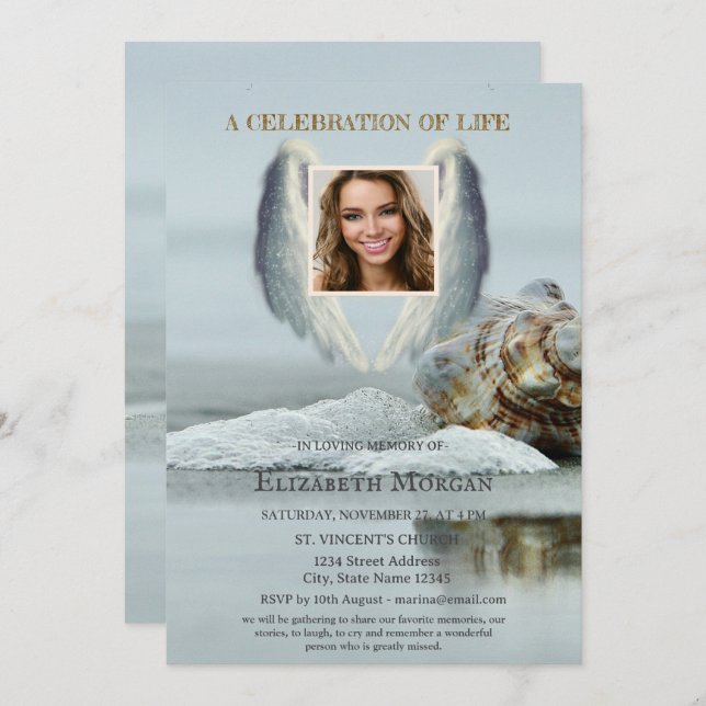 Invitación Angel Wings Beach Seashell Celebración De La Vida (Anverso / Reverso)