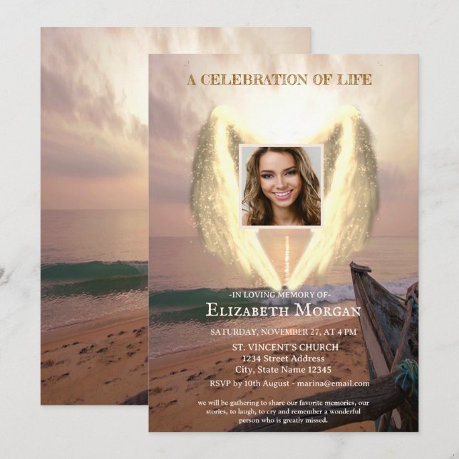 Invitación Angel Wings Boat Sunset Photo Celebration Of Life (Anverso / Reverso)
