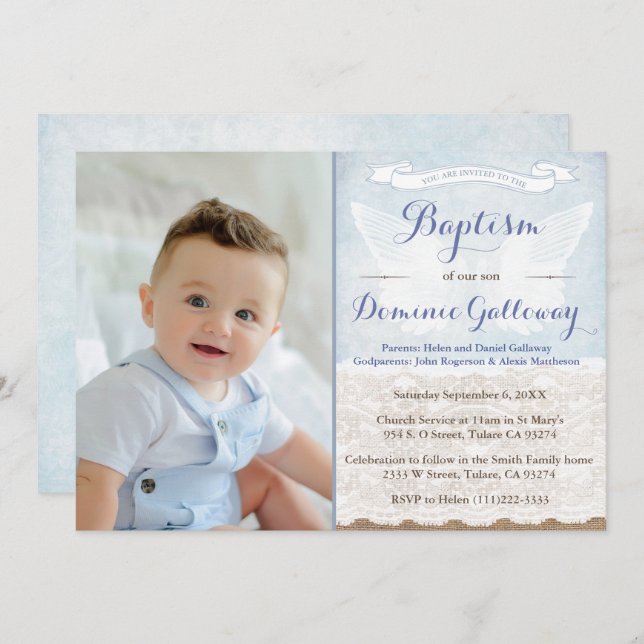 Invitación Angel Wings Burlap Lace Baby Baptism PhotoCard (Anverso / Reverso)