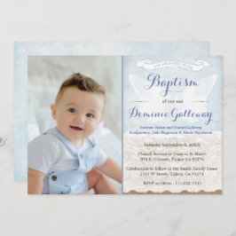 Invitación Angel Wings Burlap Lace Baby Baptism PhotoCard