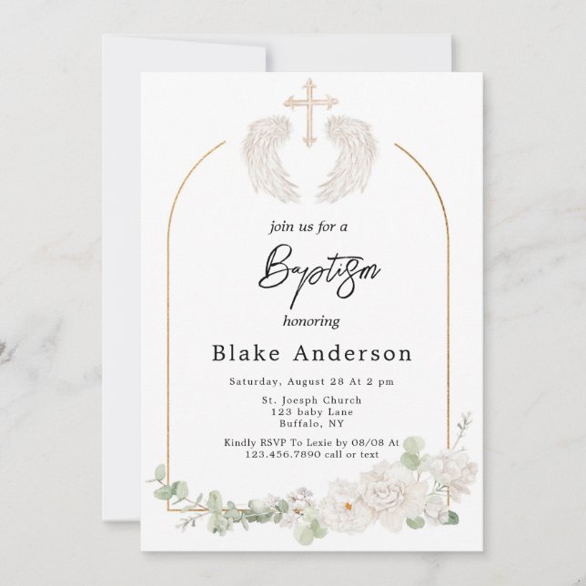 Invitación Angel Wings Cross Gold Baptism (Anverso)