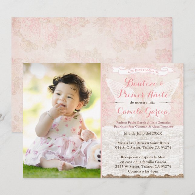Invitación Angel Wings Latina Baptism y 1er Fiesta de cumplea (Anverso / Reverso)