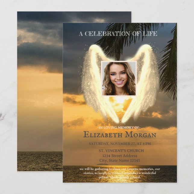 Invitación Angel Wings Ocean Sunset Foto Celebración De La Vi (Anverso / Reverso)