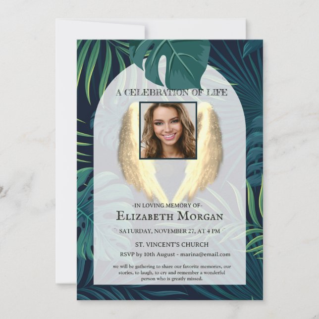 Invitación Angel Wings Palm Leaves Photo Celebration Of Life (Anverso)