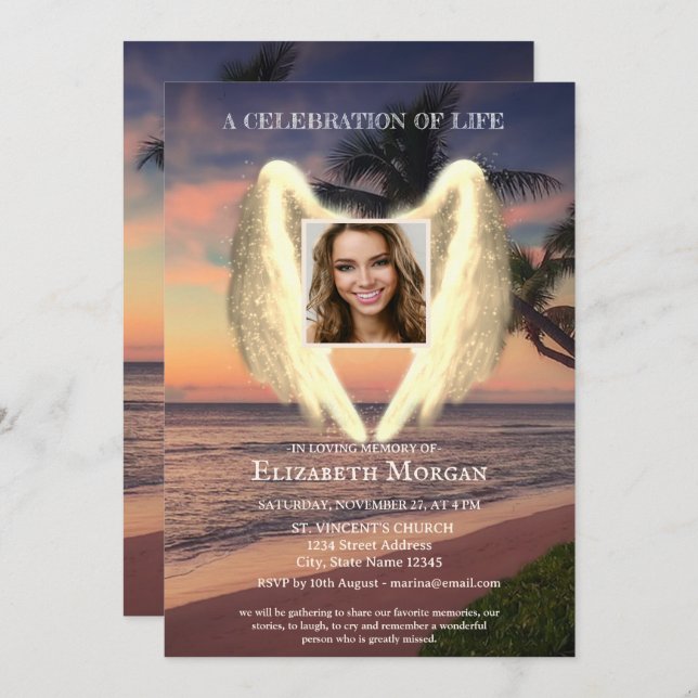Invitación Angel Wings Palm Sunset Photo Celebration Of Life (Anverso / Reverso)