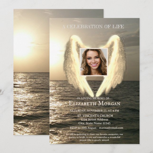 Invitación Angel Wings Sea Sunset Photo Celebration Of Life (Anverso / Reverso)