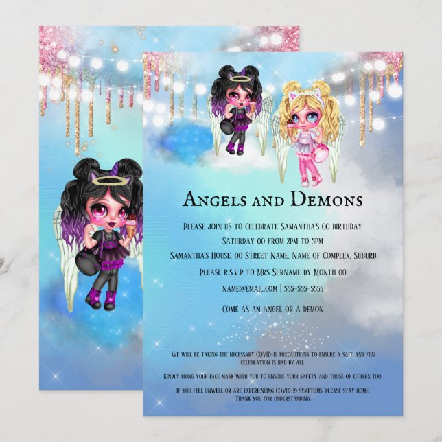 Invitación Ángeles mágicos demonios fiesta temática mítica (Anverso / Reverso)