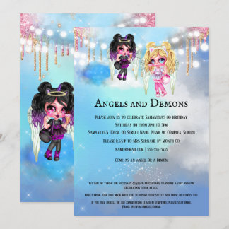 Invitación Ángeles mágicos demonios fiesta temática mítica