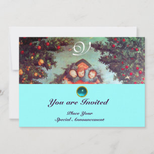 Invitación ANGELES PEQUEÑOS MONOGRAMA azul antiguo brillante 