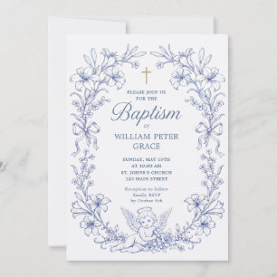 Invitación Ángeles querubines vintage Bautizo Azul