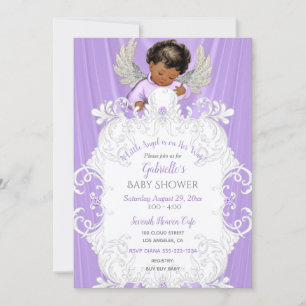 Invitación Angelito bebé lavanda plata tono de piel oscura
