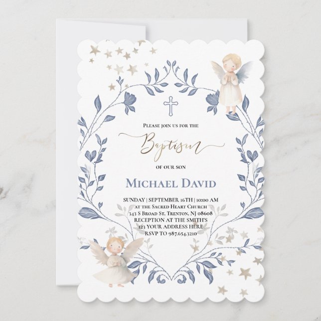 Invitación angels frame Baptism baby boy (Anverso)