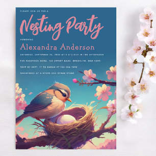 Invitación Anidación Fiesta Ave Nido Huevo Azul Blossom Rosa