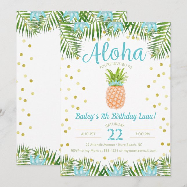 Invitación Anídola tropical de cumpleaños Aloha Luau en azul (Anverso / Reverso)