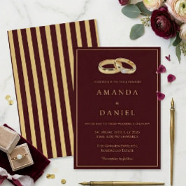 Invitación Anillo de boda Auburn marrón y dorado con rayas de