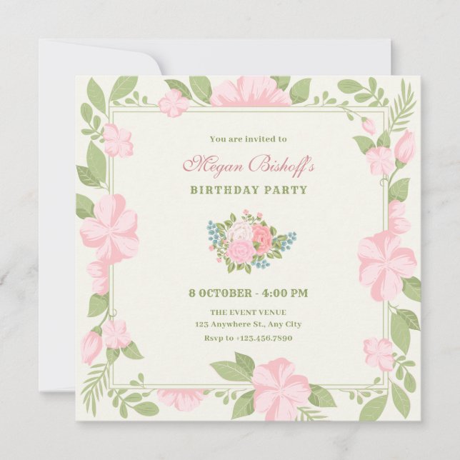 Invitación Anillo de boda floral verde rosa cumpleaños (Anverso)