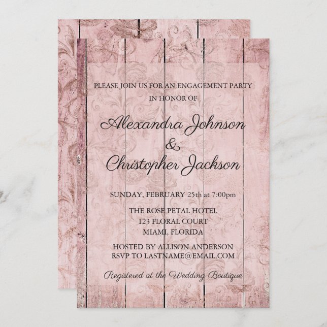 Invitación Anillo de Compromiso de Madera con Rosa Dorado (Anverso / Reverso)