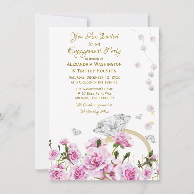 Invitación Anillo de compromiso de pareja de rosas rosadas pe (Anverso)