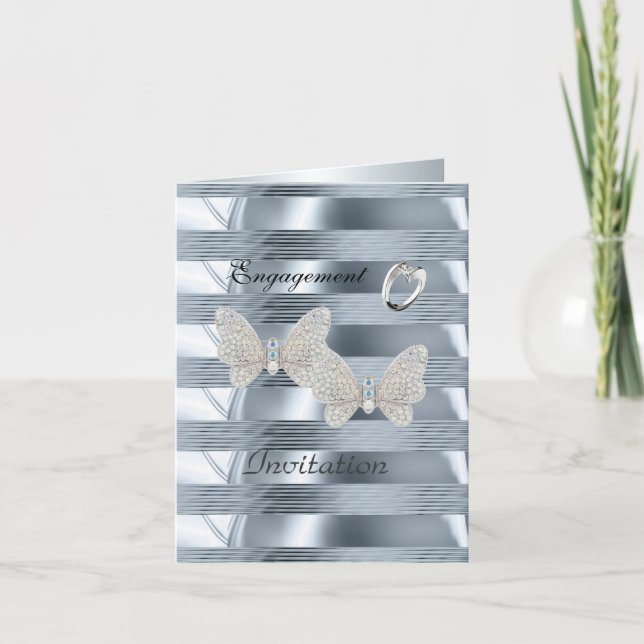 Invitación Anillo de Compromiso Plata Azul Mariposas (Anverso)