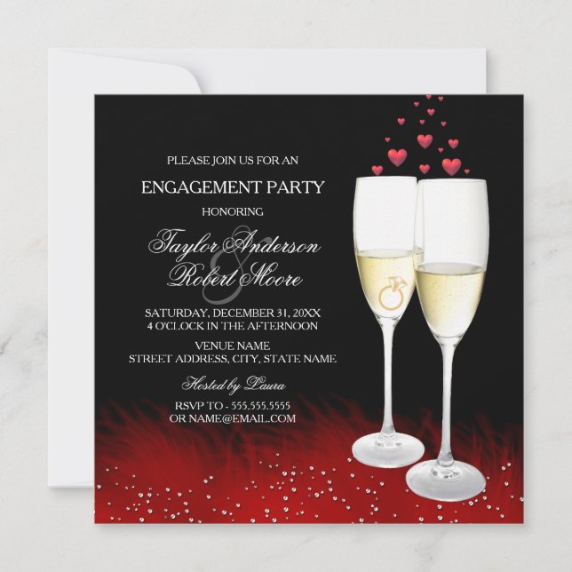 Invitación Anillo de Corazón de Champán Rojo Negro Fiesta de  (Anverso)