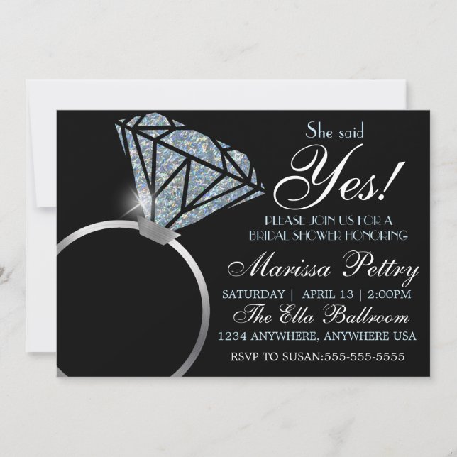 Invitación Anillo de diamante, ducha nupcial, ella dijo sí (Anverso)