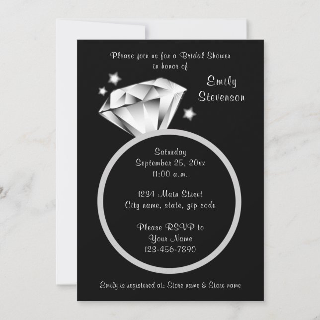 Invitación Anillo de diamante negro y blanco Ducha de novia (Anverso)