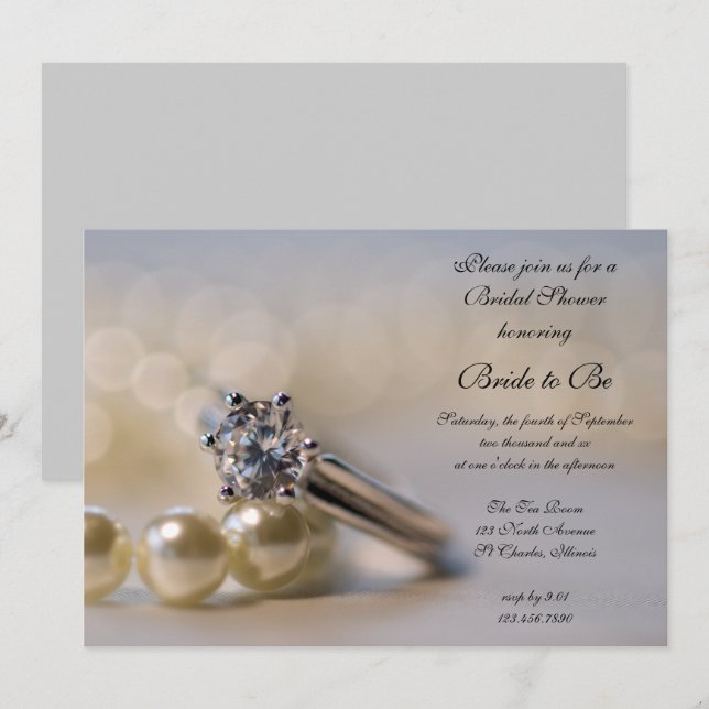 Invitación Anillo de diamantes y ducha de novia de perlas (Anverso / Reverso)