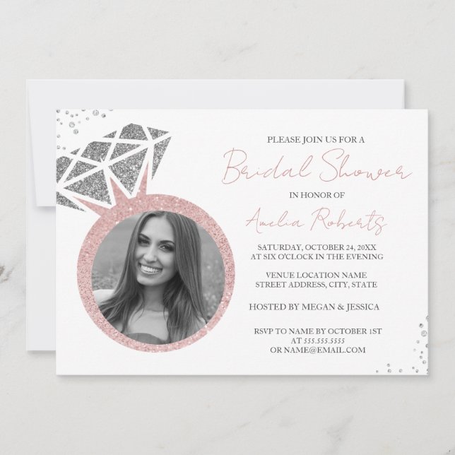 Invitación Anillo de Foto de Plata de Oro Rosa Brillo Shower  (Anverso)